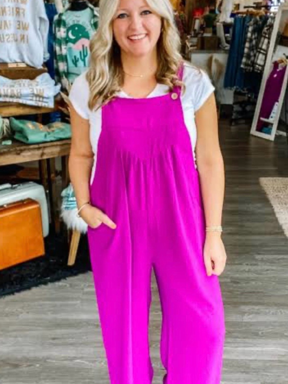 Fuchsia Wide-Leg Pull-On Jumpsuit with Adjustable Straps